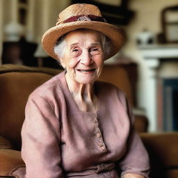 A detailed portrait of an old lady with wrinkles and a kind smile, wearing a vintage dress and a hat