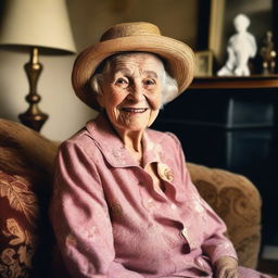 A detailed portrait of an old lady with wrinkles and a kind smile, wearing a vintage dress and a hat