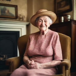 A detailed portrait of an old lady with wrinkles and a kind smile, wearing a vintage dress and a hat