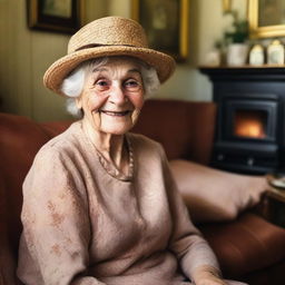 A detailed portrait of an old lady with wrinkles and a kind smile, wearing a vintage dress and a hat