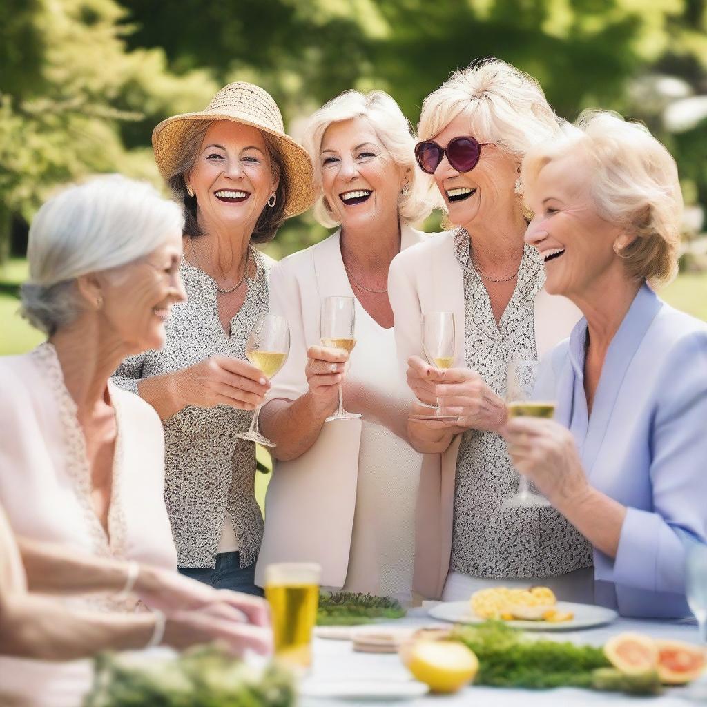 A group of mature women in their 50s and 60s, dressed stylishly and confidently, enjoying a sunny afternoon at a garden party