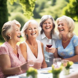 A group of mature women in their 50s and 60s, dressed stylishly and confidently, enjoying a sunny afternoon at a garden party