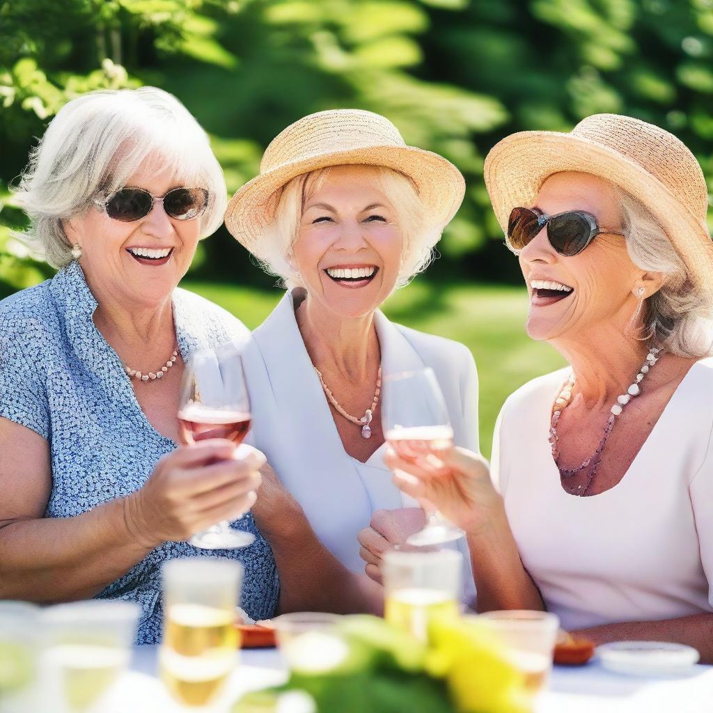 A group of mature women in their 50s and 60s, dressed stylishly and confidently, enjoying a sunny afternoon at a garden party