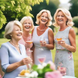 A group of mature women in their 50s and 60s, dressed stylishly and confidently, enjoying a sunny afternoon at a garden party