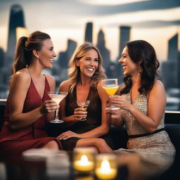 A group of attractive women in their 30s and 40s, dressed fashionably and confidently, enjoying a night out at a chic urban rooftop bar