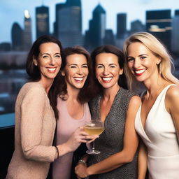 A group of attractive women in their 30s and 40s, dressed fashionably and confidently, enjoying a night out at a chic urban rooftop bar