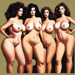 A group of women with exaggerated physical features, specifically large breasts, in a stylized and artistic manner