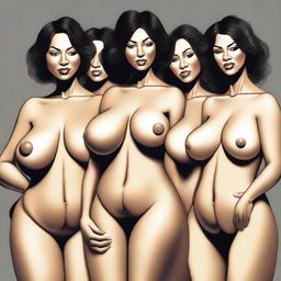 A group of women with exaggerated physical features, specifically large breasts, in a stylized and artistic manner