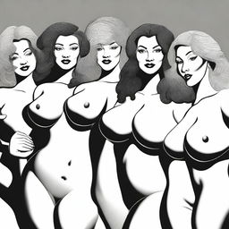 A group of women with exaggerated physical features, specifically large breasts, in a stylized and artistic manner