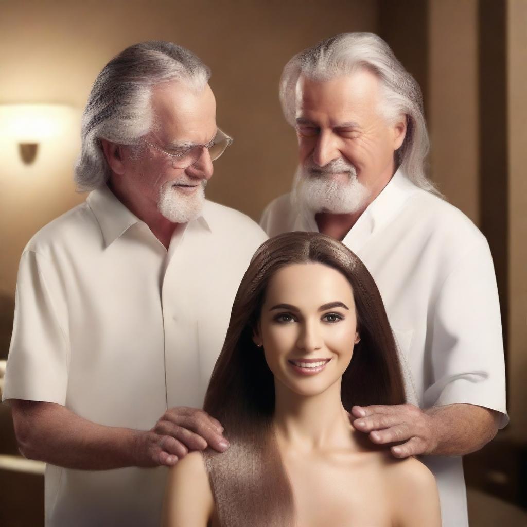 A Sunsilk shampoo commercial featuring a beautiful actress with long, silky smooth hair being shampooed by an old man stylist