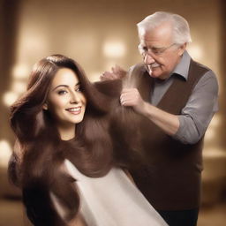 A Sunsilk shampoo commercial featuring a beautiful actress with long, silky smooth hair being shampooed by an old man stylist