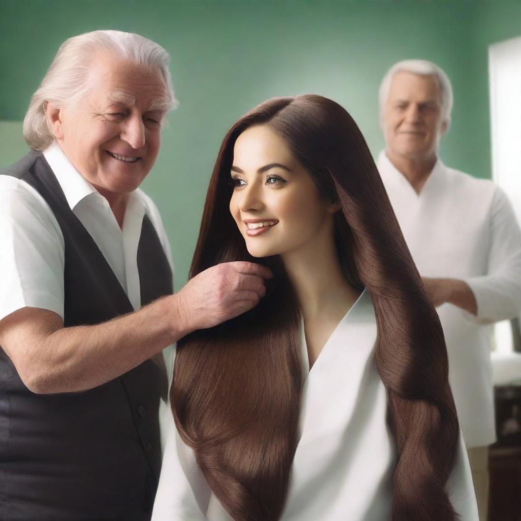 A Sunsilk shampoo commercial featuring a beautiful actress with long, silky smooth hair being shampooed by an old man stylist