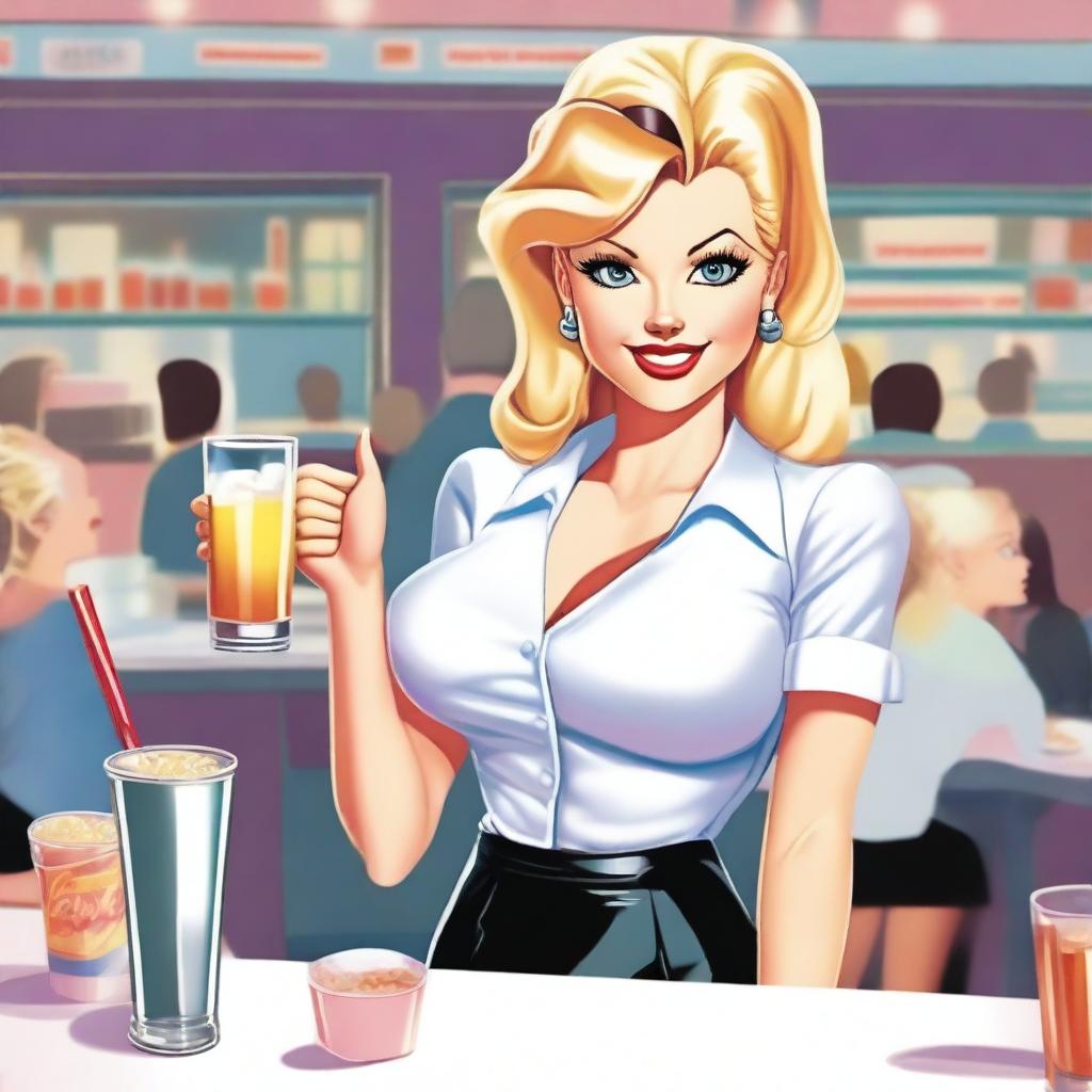 A blonde waitress with a stereotypical bimbo appearance, wearing a revealing uniform and serving drinks in a diner