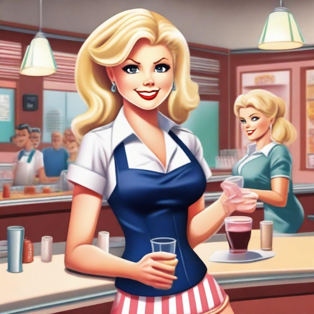 A blonde waitress with a stereotypical bimbo appearance, wearing a revealing uniform and serving drinks in a diner