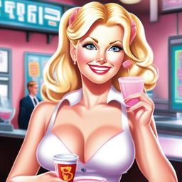 A blonde waitress with a stereotypical bimbo appearance, wearing a revealing uniform and serving drinks in a diner