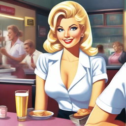 A blonde waitress with a stereotypical bimbo appearance, wearing a revealing uniform and serving drinks in a diner