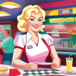 A blonde waitress with exaggerated features, serving customers in a lively diner