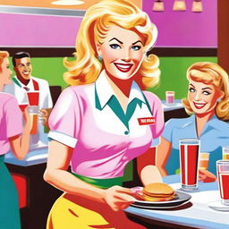 A blonde waitress with exaggerated features, serving customers in a lively diner