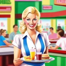 A blonde waitress with exaggerated features, serving customers in a lively diner