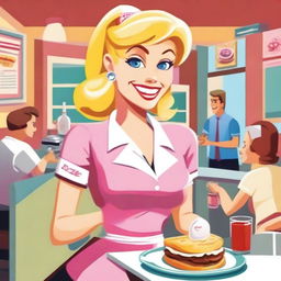 A blonde waitress with exaggerated features, serving customers in a lively diner