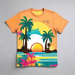 Create a vibrant summer t-shirt design featuring bright colors, tropical elements like palm trees, sun, and beach