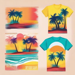 Create a vibrant summer t-shirt design featuring bright colors, tropical elements like palm trees, sun, and beach