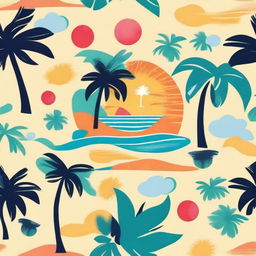 Create a vibrant summer t-shirt design featuring bright colors, tropical elements like palm trees, sun, and beach