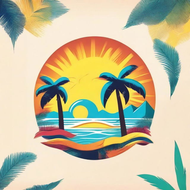 Create a vibrant summer t-shirt design featuring bright colors, tropical elements like palm trees, sun, and beach