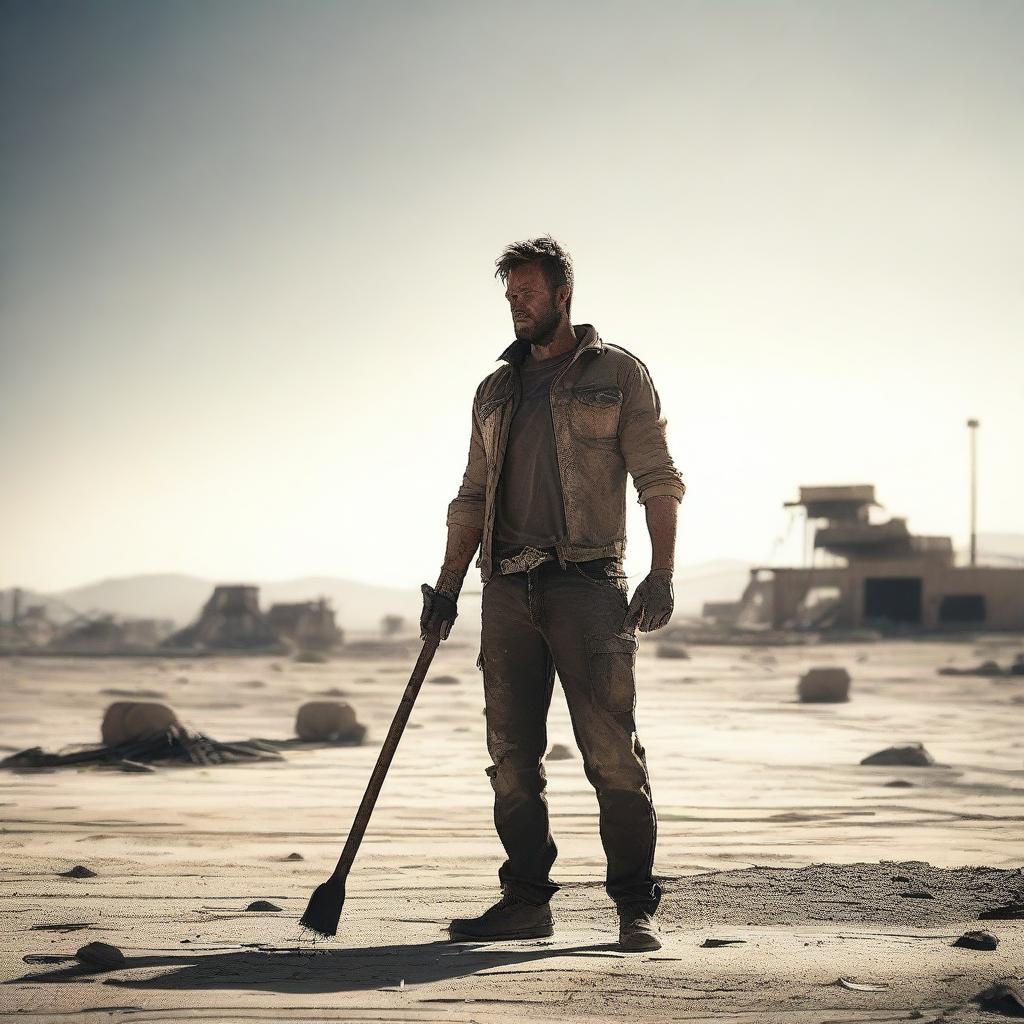 A post-apocalyptic scene where a rugged survivor stands with a sledgehammer in his hands under the scorching sun in a barren desert area