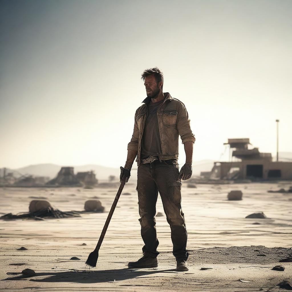 A post-apocalyptic scene where a rugged survivor stands with a sledgehammer in his hands under the scorching sun in a barren desert area