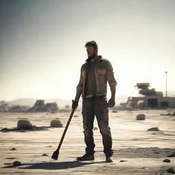 A post-apocalyptic scene where a rugged survivor stands with a sledgehammer in his hands under the scorching sun in a barren desert area