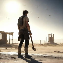 A post-apocalyptic scene where a rugged survivor stands with a sledgehammer in his hands under the scorching sun in a barren desert area