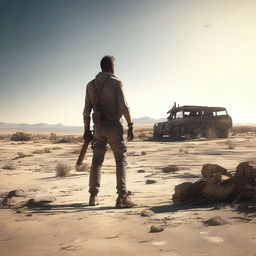 A post-apocalyptic scene where a rugged survivor stands with a sledgehammer in his hands under the scorching sun in a barren desert area