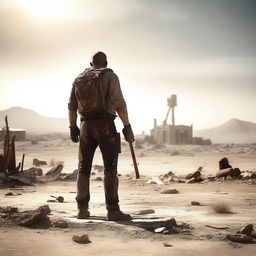 A post-apocalyptic scene where a rugged survivor stands with a sledgehammer in his hands under the scorching sun in a barren desert area