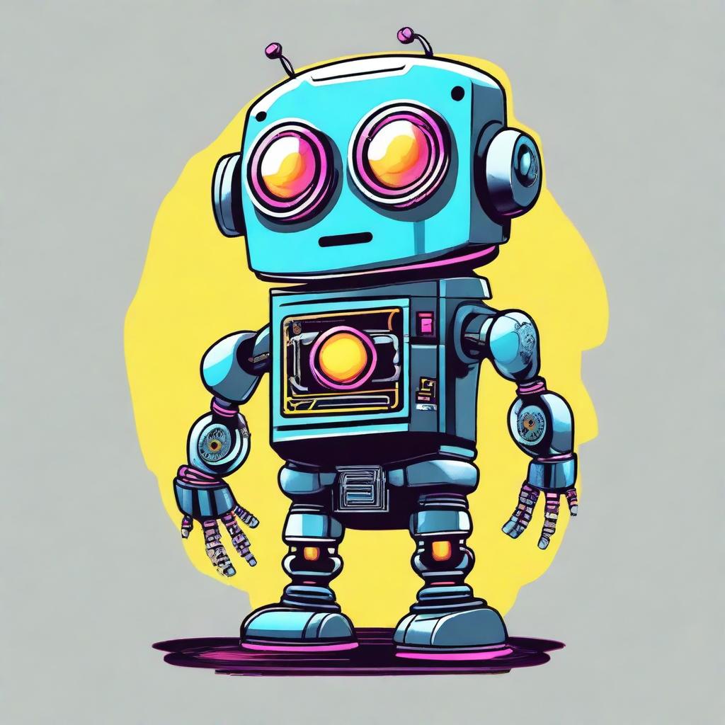 A creative and detailed design of a robot for a t-shirt