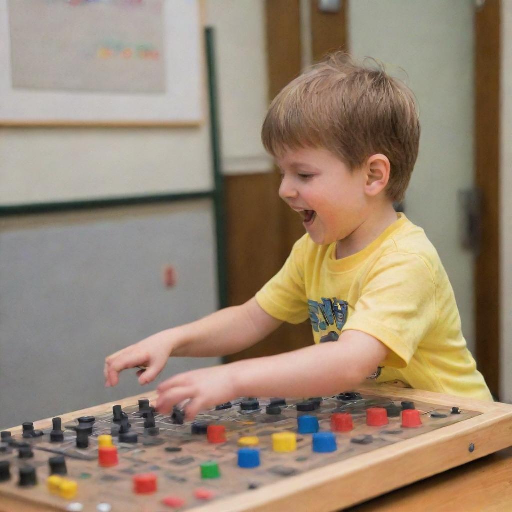 A young boy joyfully interacting with a music board, adjusting knobs and playing with enthusiasm.