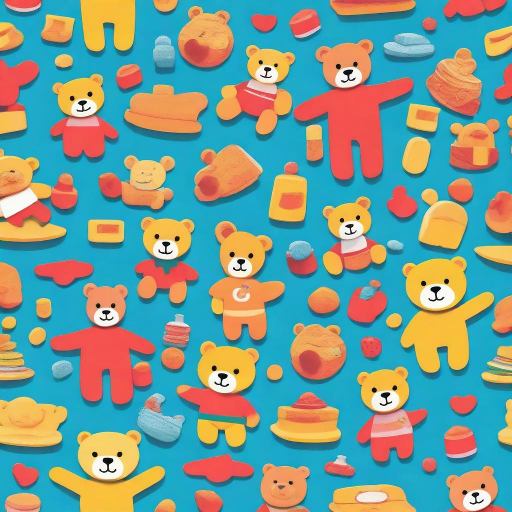 A vibrant and playful design for a t-shirt featuring various toys