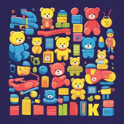 A vibrant and playful design for a t-shirt featuring various toys