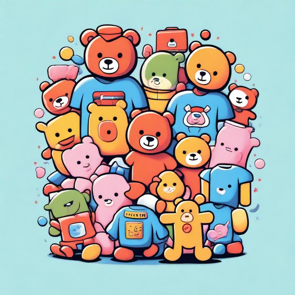 A vibrant and playful design for a t-shirt featuring various toys