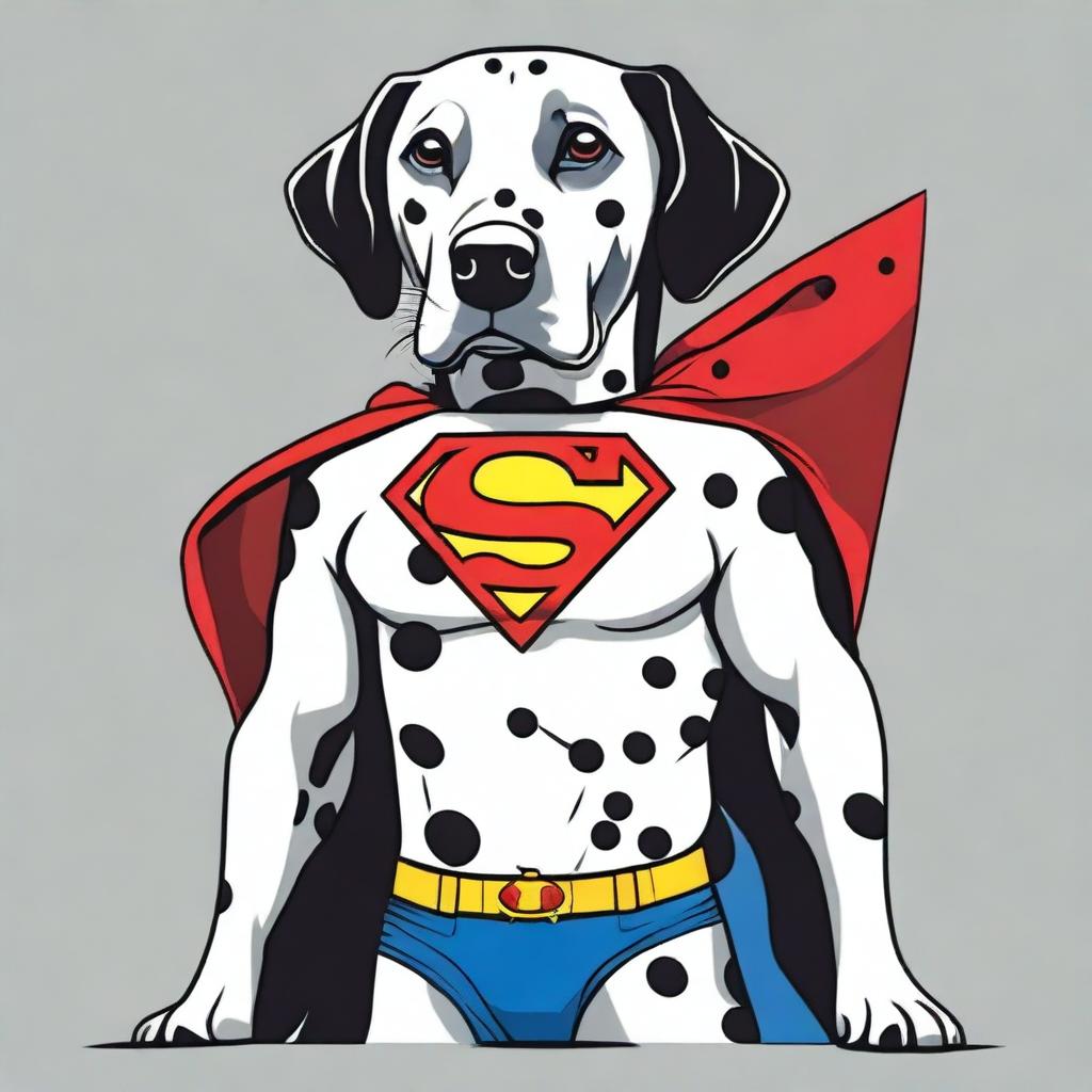 A fun and heroic design for a t-shirt featuring a Dalmatian dog wearing a Superman symbol on its chest