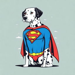 A fun and heroic design for a t-shirt featuring a Dalmatian dog wearing a Superman symbol on its chest