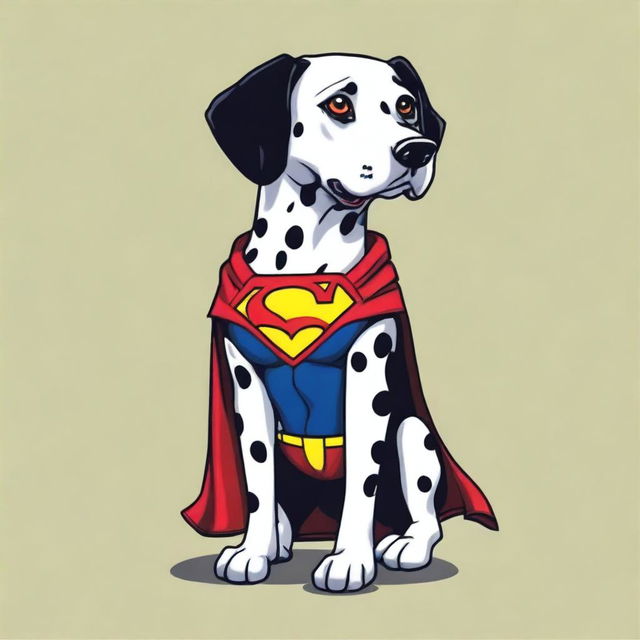 A fun and heroic design for a t-shirt featuring a Dalmatian dog wearing a Superman symbol on its chest