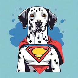 A fun and heroic design for a t-shirt featuring a Dalmatian dog wearing a Superman symbol on its chest