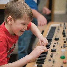 A young boy joyfully interacting with a music board, adjusting knobs and playing with enthusiasm.