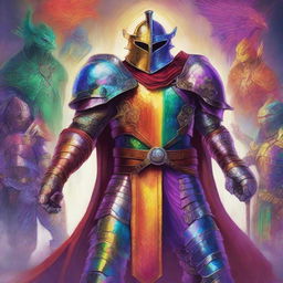 A vibrant and detailed image in the style of Dungeons and Dragons art, showcasing a set of rainbow-colored armor