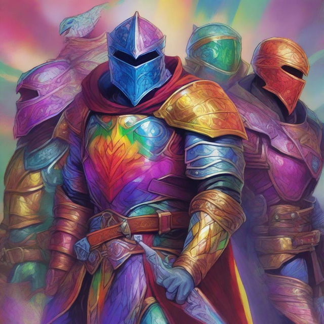 A vibrant and detailed image in the style of Dungeons and Dragons art, showcasing a set of rainbow-colored armor