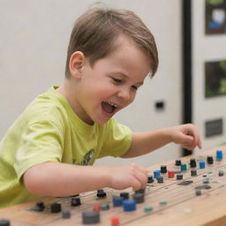 A young boy joyfully interacting with a music board, adjusting knobs and playing with enthusiasm.