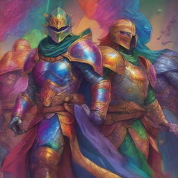 A vibrant and detailed image in the style of Dungeons and Dragons art, showcasing a set of rainbow-colored armor