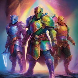 A vibrant and detailed image in the style of Dungeons and Dragons art, showcasing a set of rainbow-colored armor