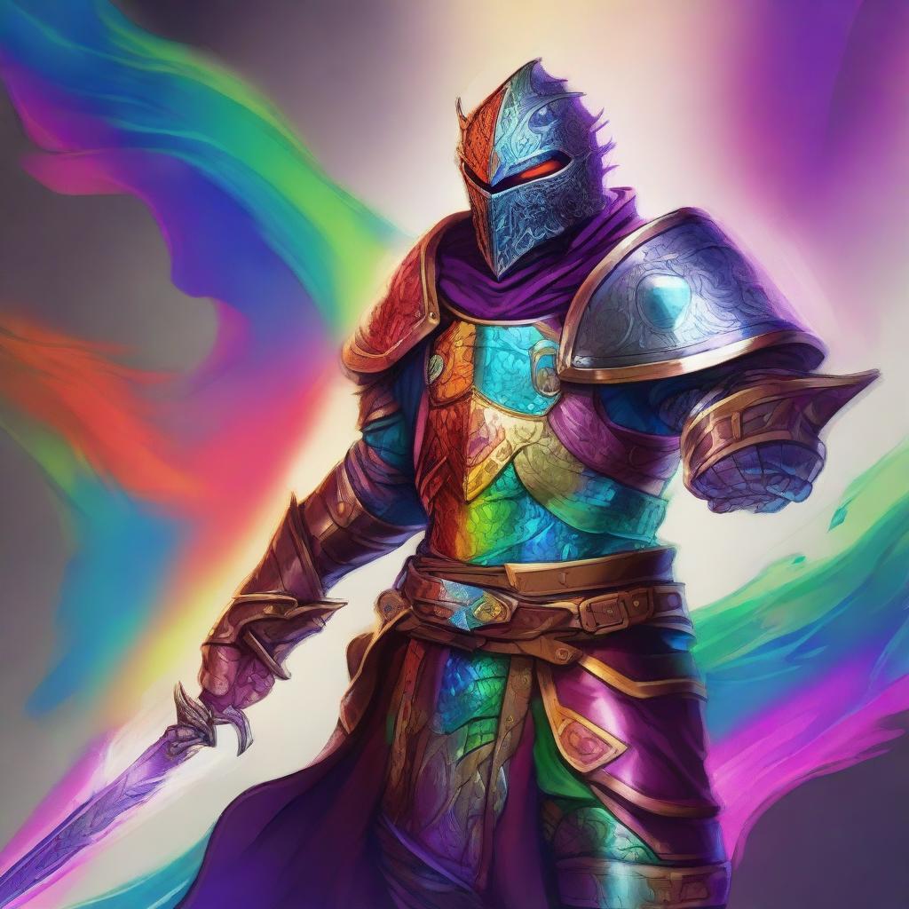 An exquisite digital art image in the style of Dungeons and Dragons, featuring a set of slim armor with a vibrant rainbow color scheme